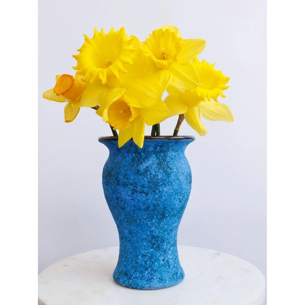 Blue Pottery Vase Gold Interior Handmade 6